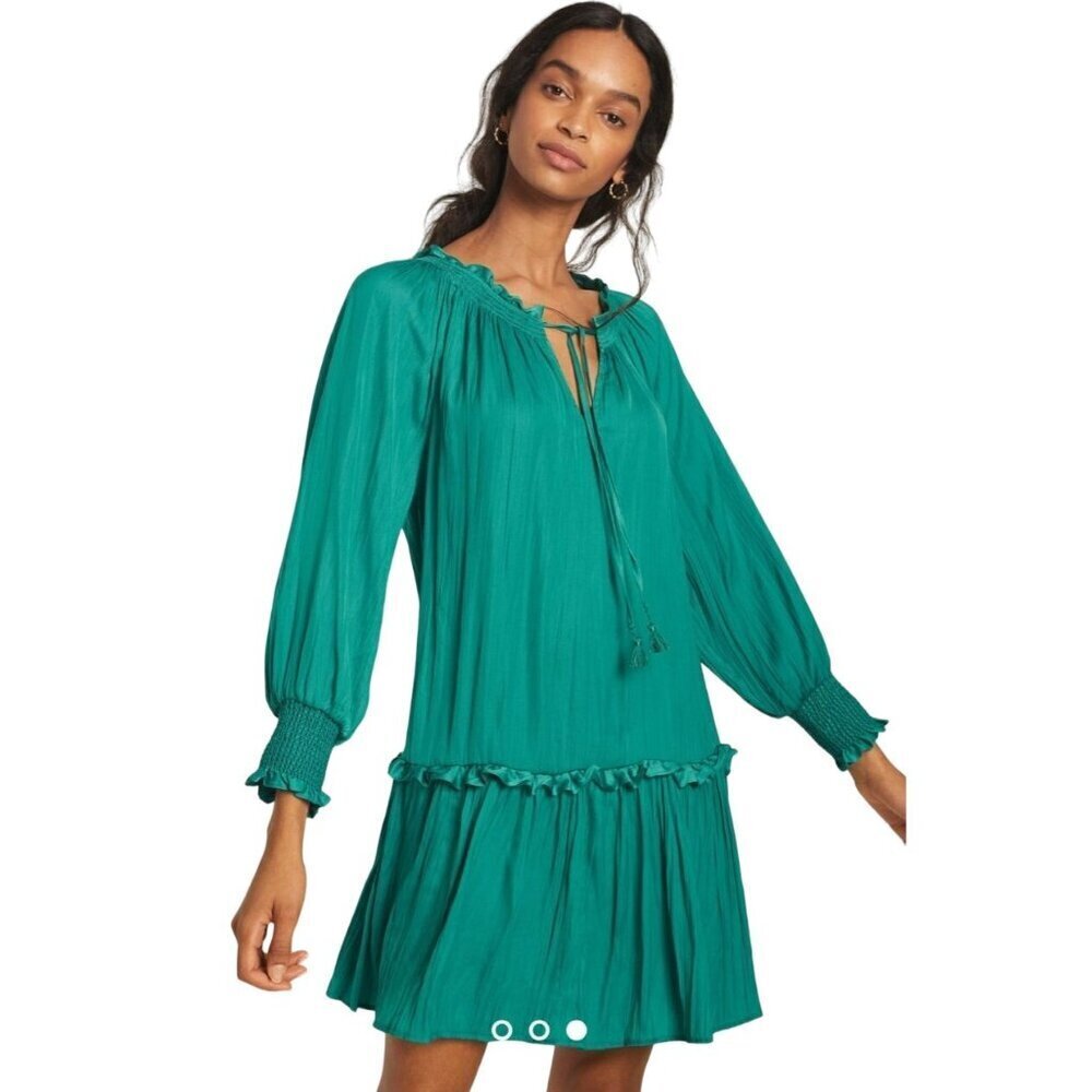 Anthropologie Drop Waist Ruffle Tie Neck Mini Dress XS Kelly Green Smocked Flowy
